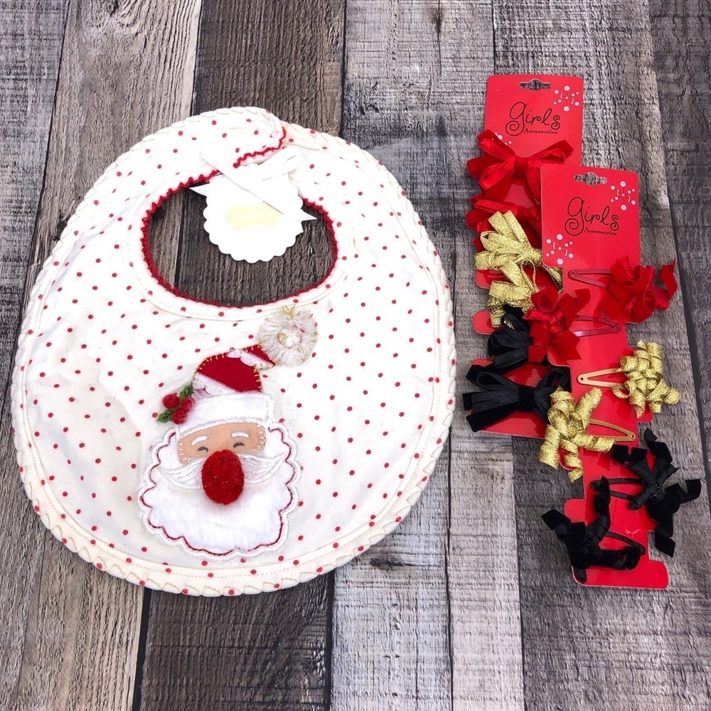 MUD PIE Cream Red Polka Dot Santa Claus Christmas Baby Bib NWT + Hair Tie Lot
